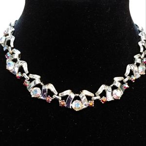 Vintage 60s Aurora Rhinestone Silvertone Link Choker Necklace